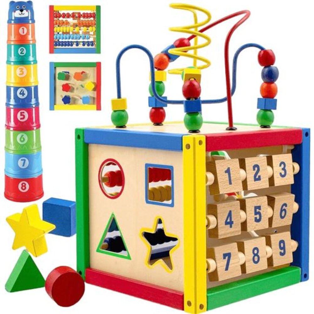 Wooden Activity Cube for Baby - 6 in-1 Baby Activity Play Cube with Bead Maze